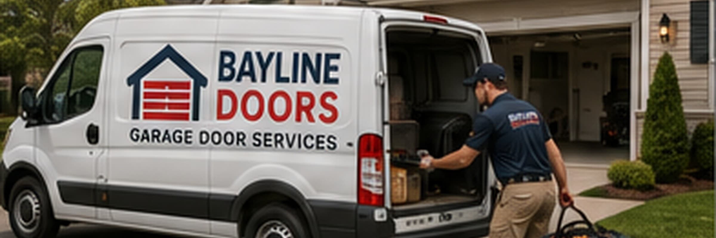 Garage doors work on a job in daylight