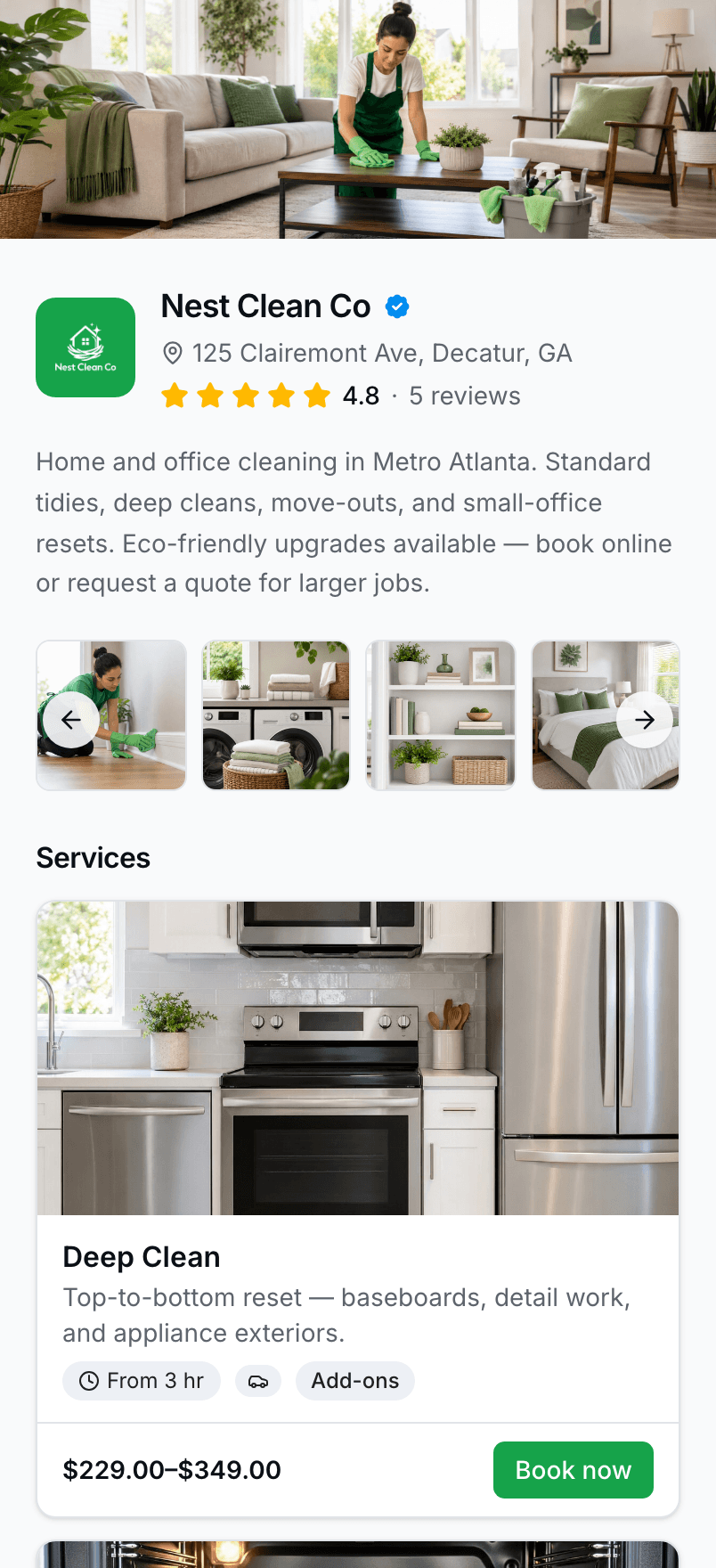 The Nest Clean Co booking page on a phone: cover photo, business name, gallery, and a Deep Clean service with its price and a Book now button