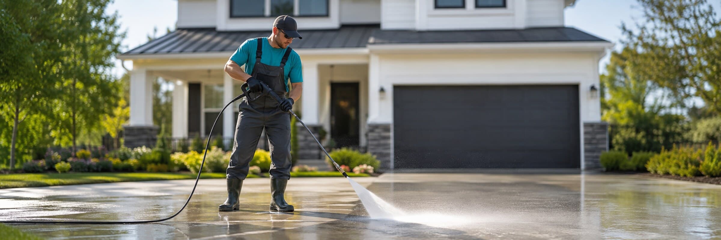 Pressure washing work on a job in daylight