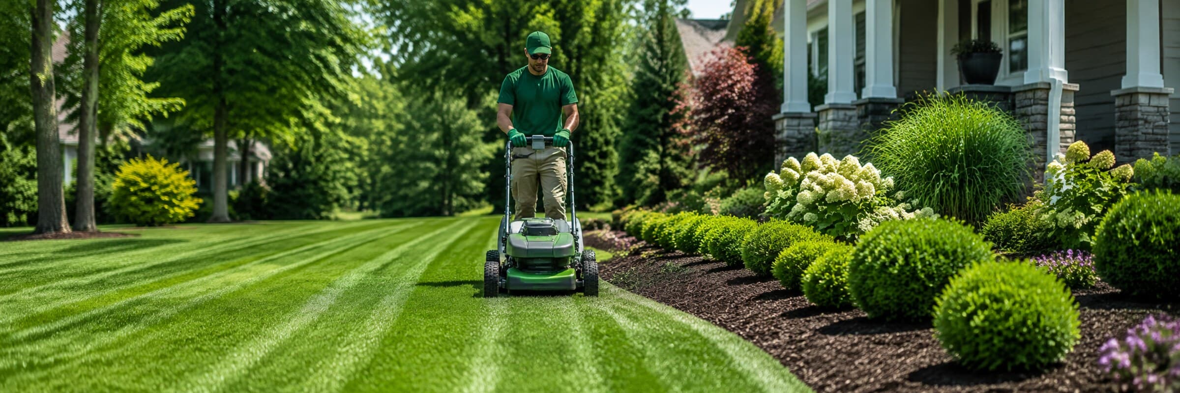 A lawn care pro mowing stripes into a front yard