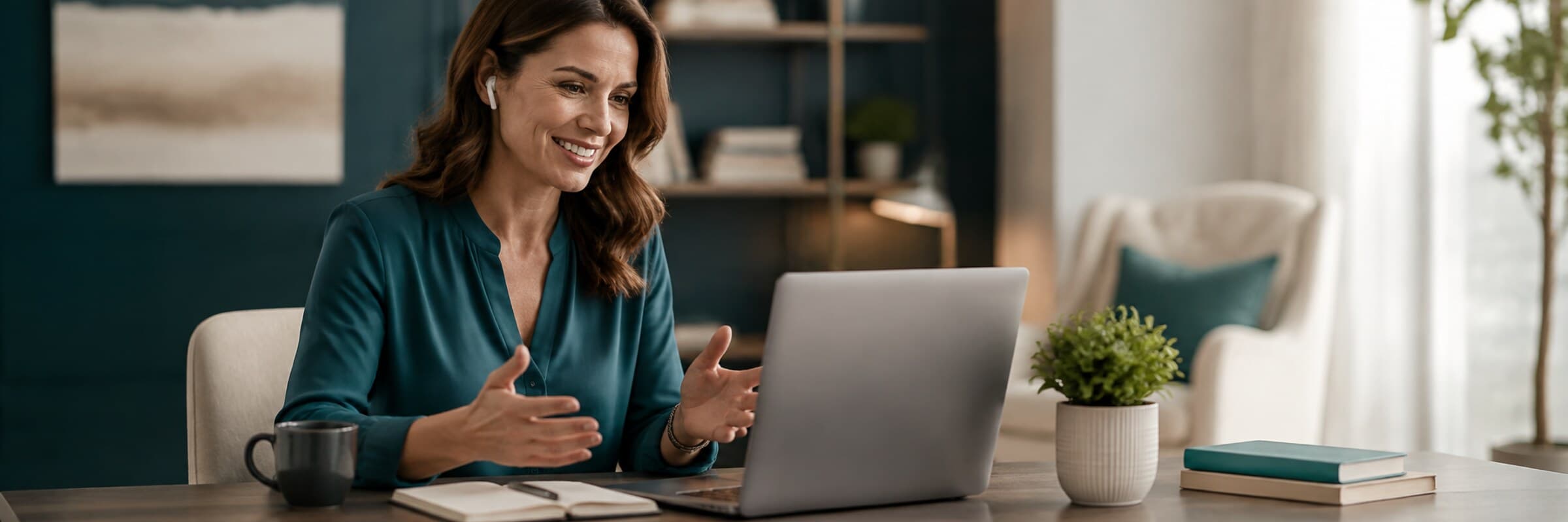 A consultant on a video call at a desk by a bright window