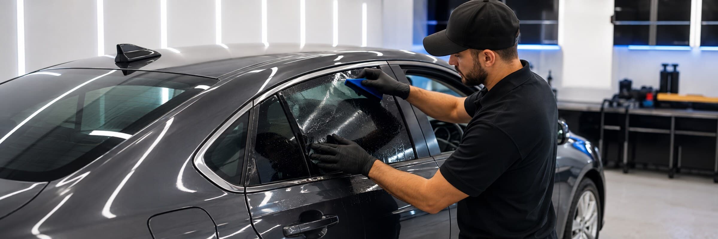 Window tinting work on a job in daylight